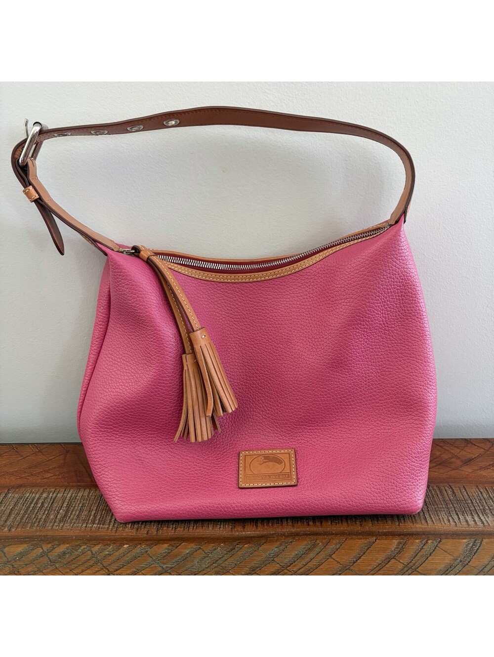 Dooney & Bourke Pink Leather Hobo Shoulder Bag Tassel Brown Trim Zip